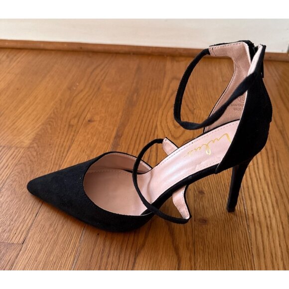 Lulus Stiletto Heels Black Suede Like Pointed Toe Ankle Strap Back Zipper 10 - Picture 7 of 11